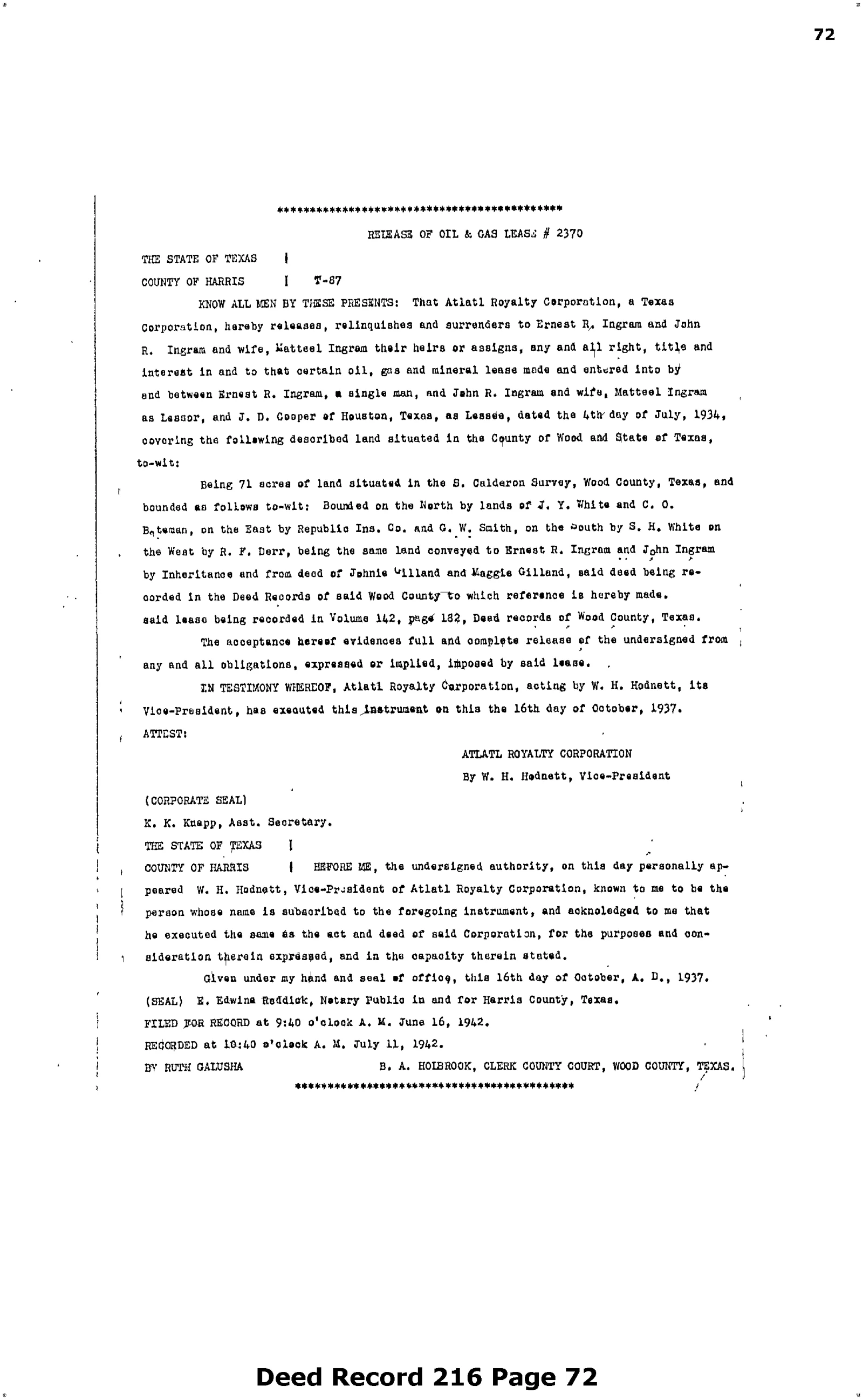 Atlatl Royalty Corp - Recorded Release Of Lease (Vol. 216, Page 72)