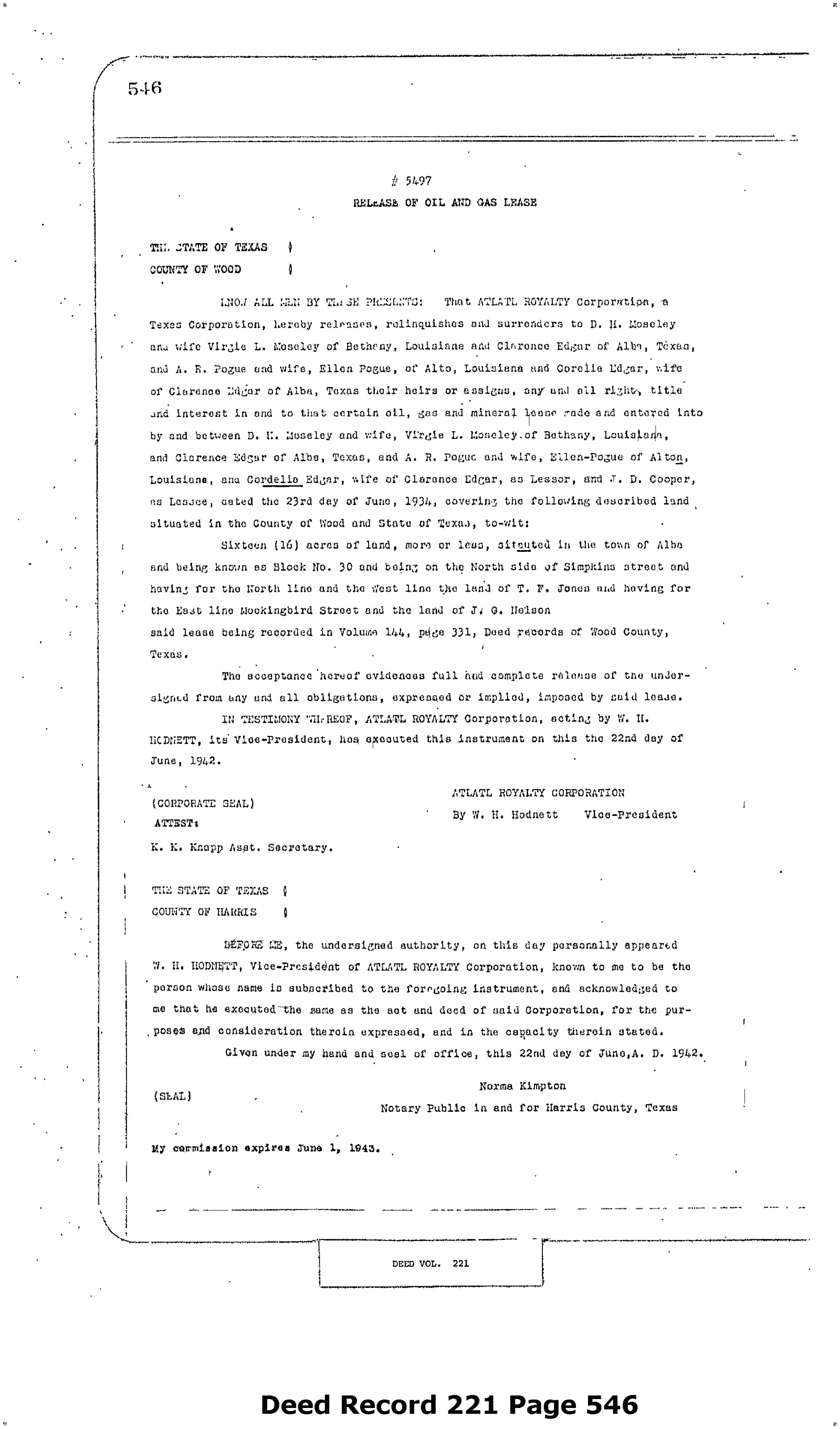 Atlatl Royalty Corp - Recorded Release Of Lease (Vol. 221, Page 546)